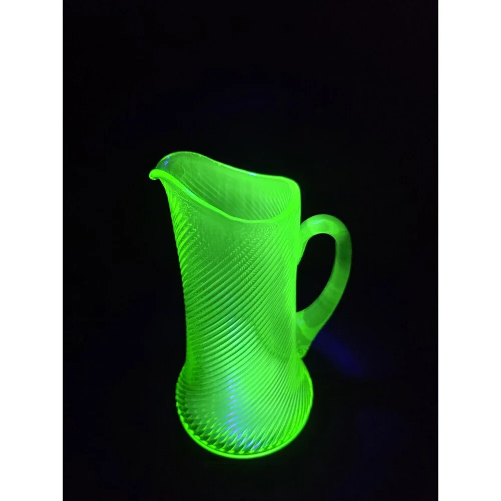 Antique Vintage Green Uranium Glass Pitcher – Diagonal Spiral Swirl Optic Ribbed